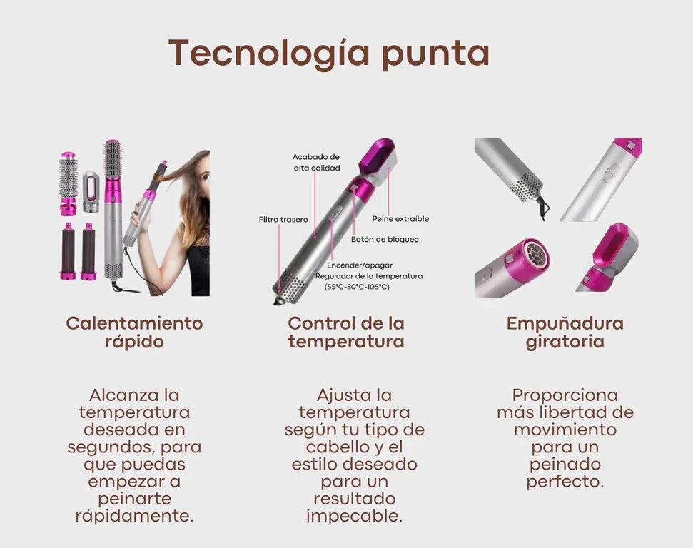 CEPILLO SECADOR 5 EN 1 - (Seca, cepilla, plancha, alisa y ondula) 💇💇‍♂️💇‍♀️