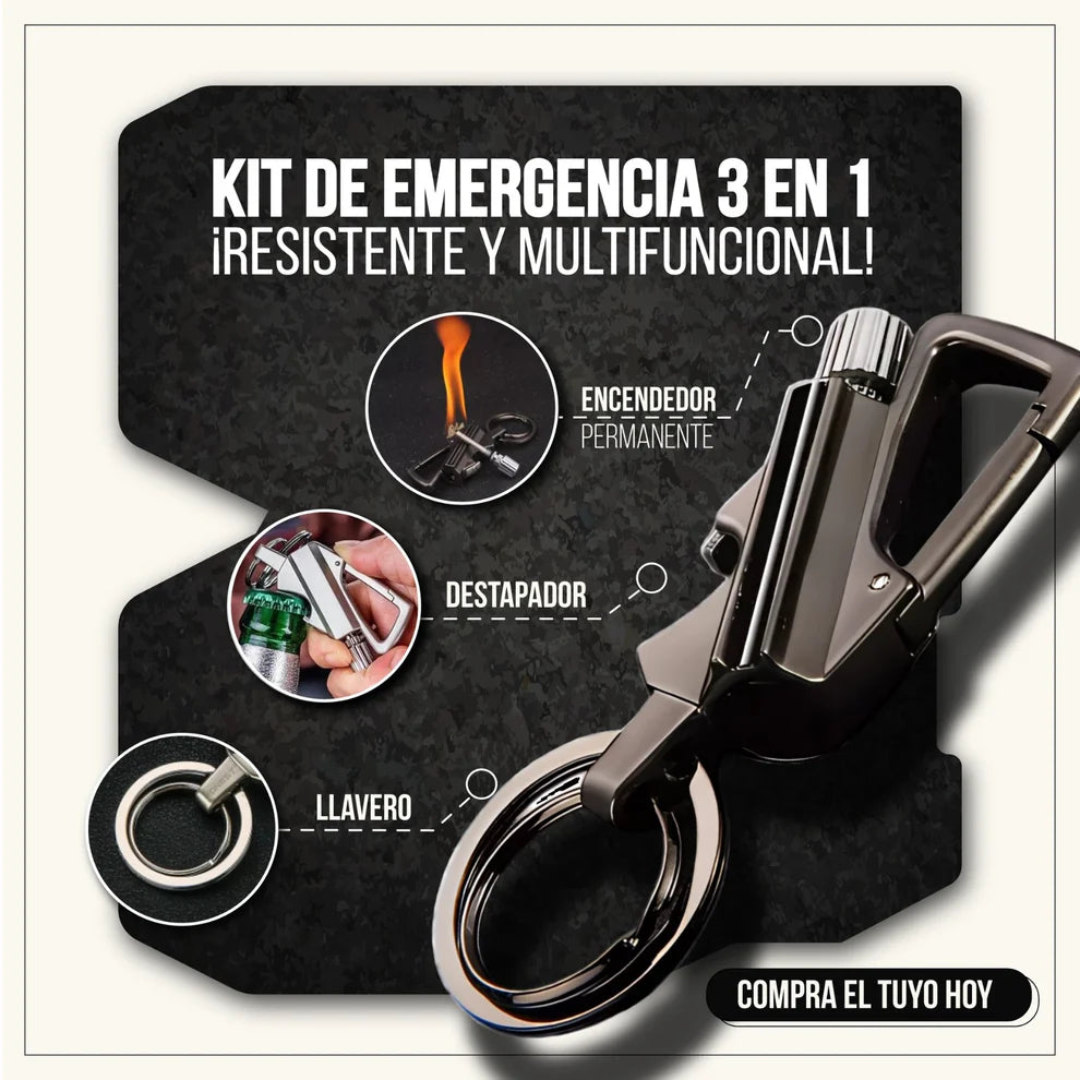 KIT DE EMERGENCIA: ENCENDEDOR, LLAVERO Y ABRIDOR
